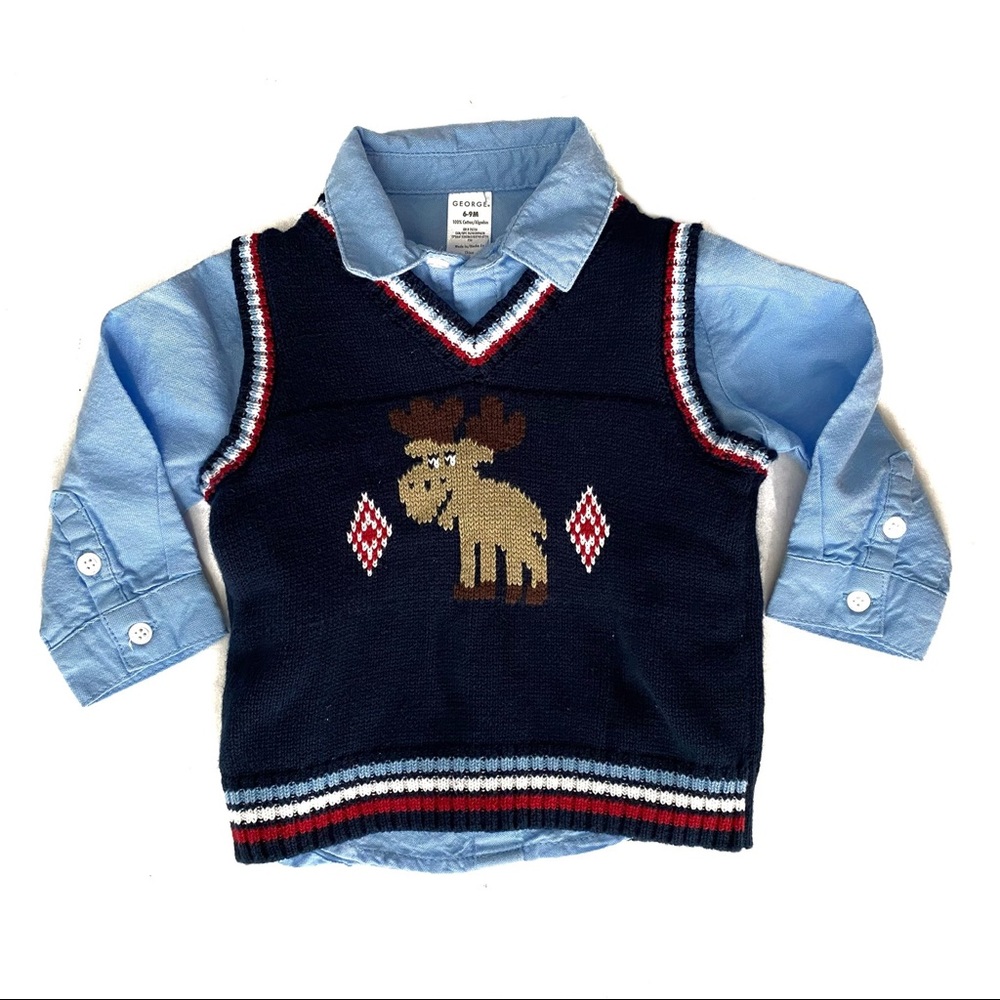 George 2-Piece Chambray Button-Down and Reindeer Knit Vest Set, 6-9 months